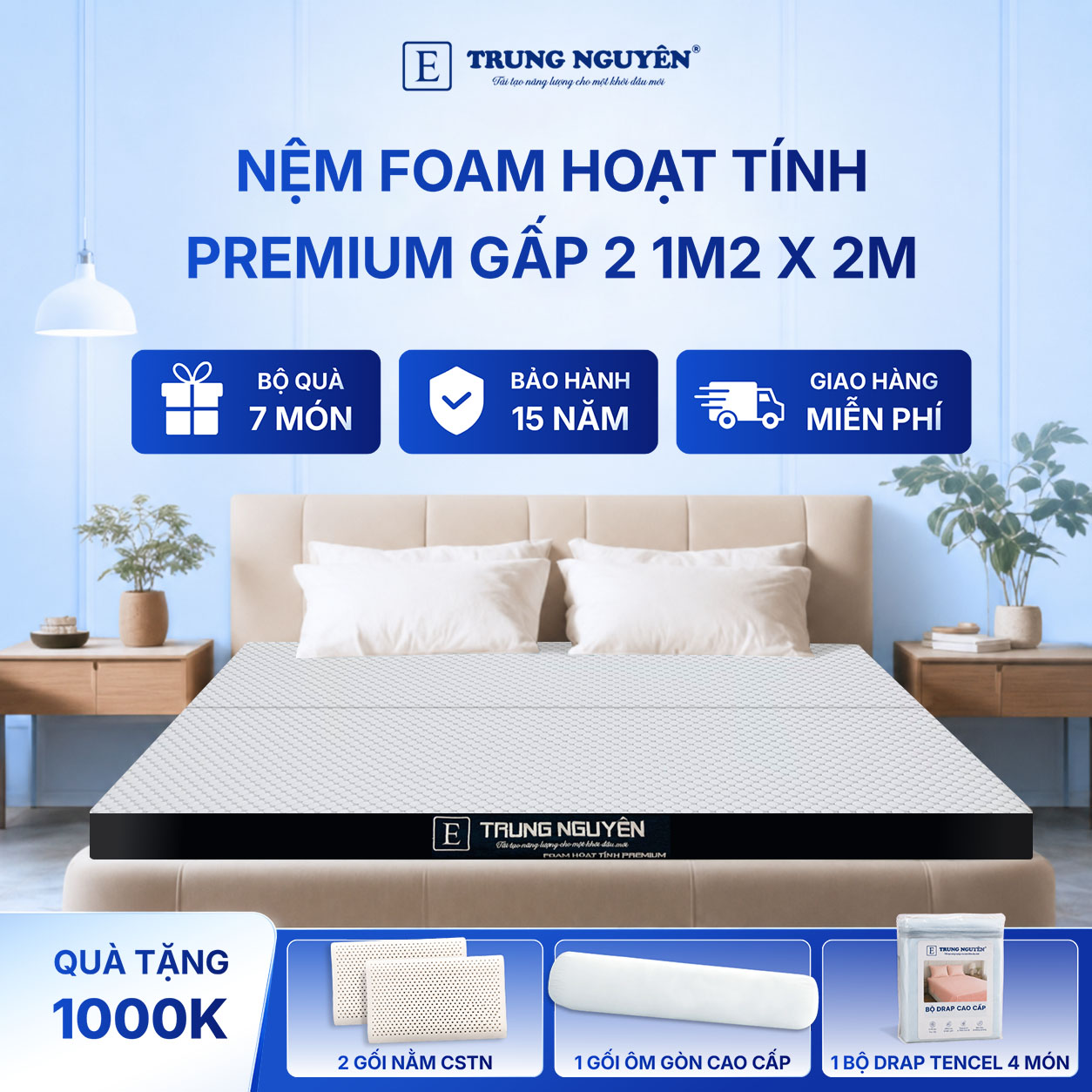 Nệm foam hoạt tính premium Trung Nguyên gấp 2 1m2 x 2m 60