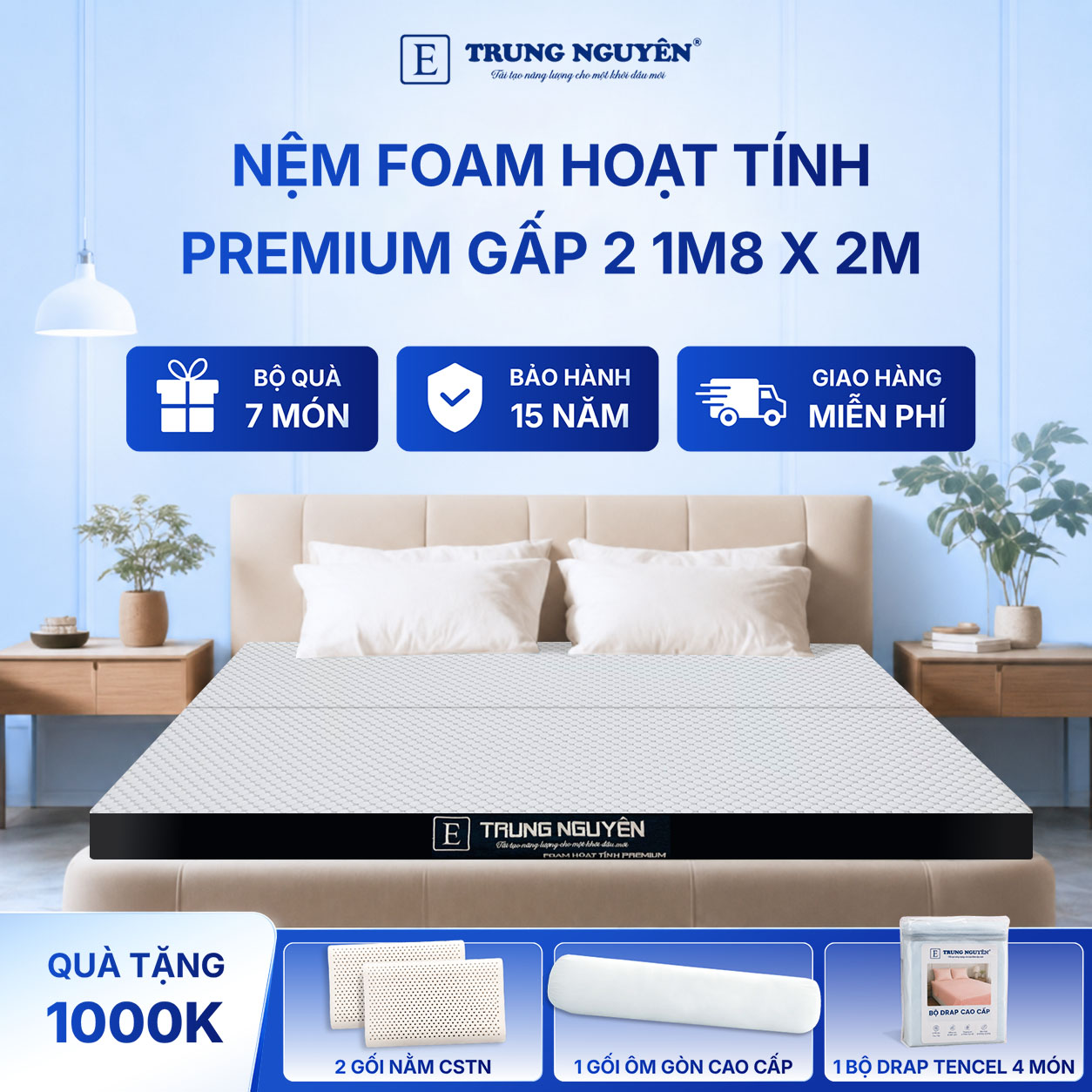 Nệm foam hoạt tính premium Trung Nguyên gấp 2 1m8 x 2m 60