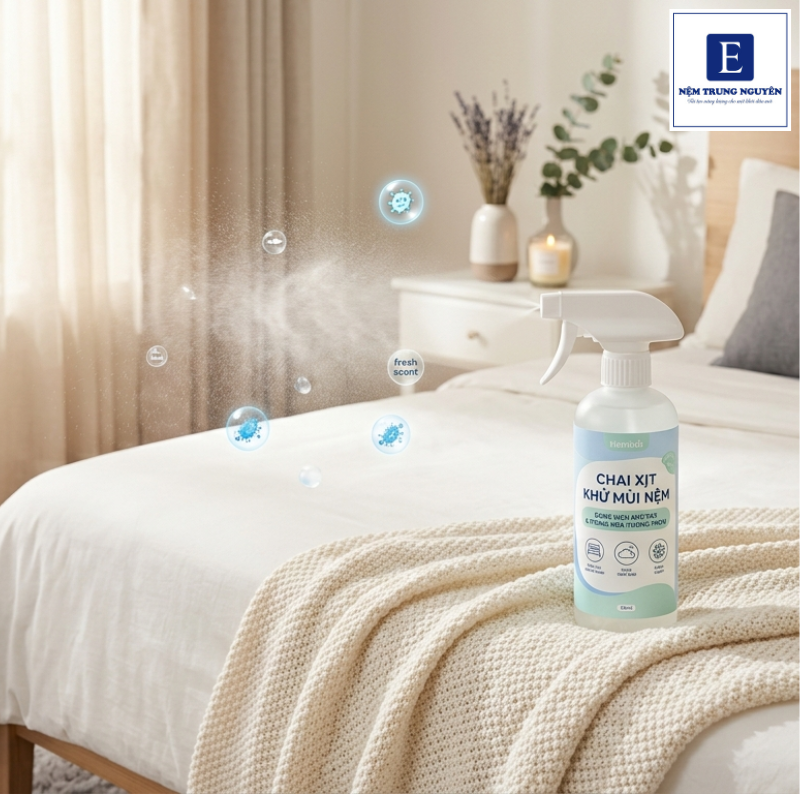 Chai xịt khử mùi nệm là dung dịch dạng xịt được thiết kế chuyên dụng để xử lý mùi hôi trên bề mặt nệm