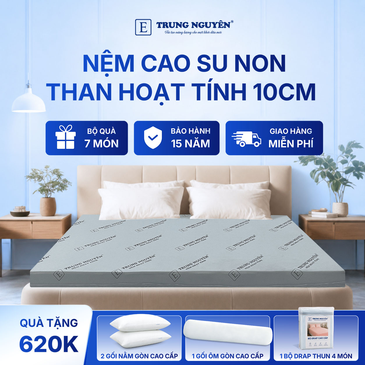 Nệm cao su non hoạt tính 10cm Trung Nguyên