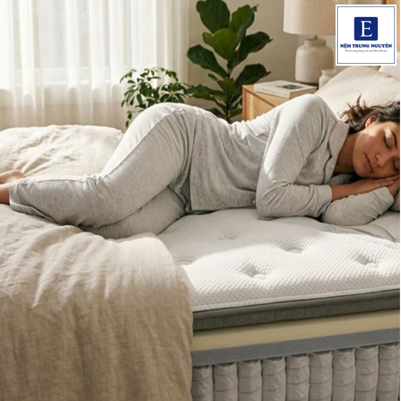 Chiếc nệm phù hợp với người ngủ nghiêng cần có khả năng phân bổ áp lực tốt, đồng thời nâng đỡ cơ thể để cột sống duy trì trạng thái tương đối tự nhiên