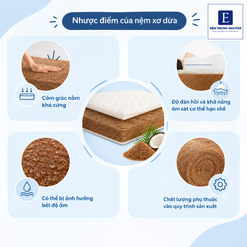 Bên cạnh những đặc điểm tích cực, nệm xơ dừa cũng có một số hạn chế mà người dùng cần cân nhắc