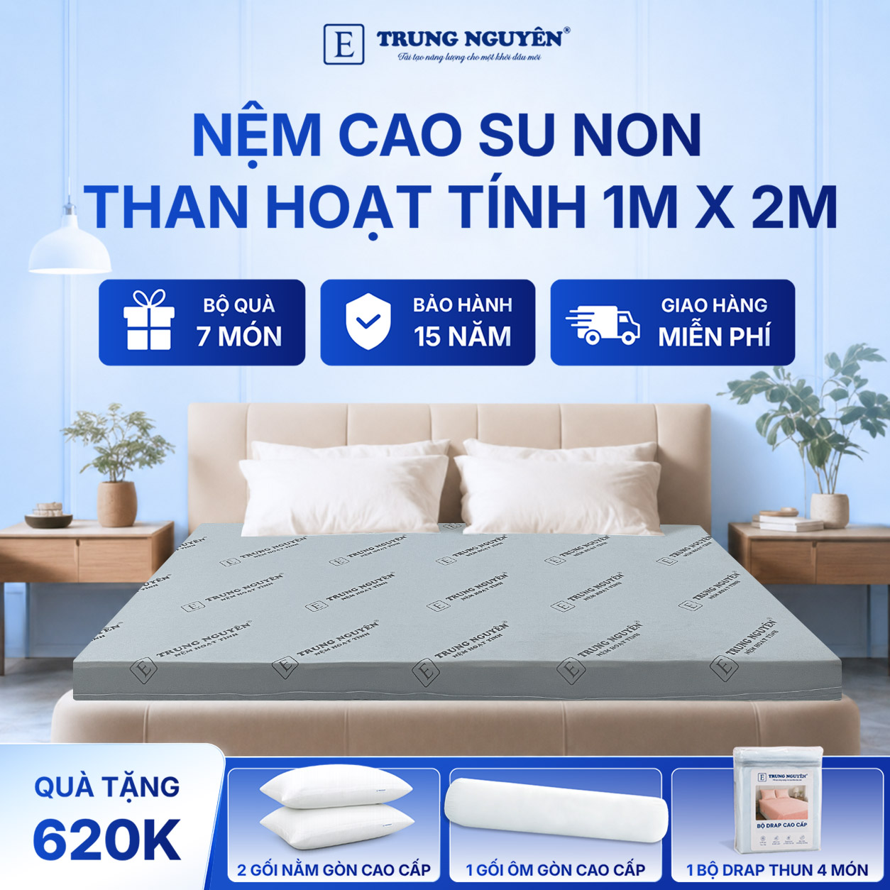 Nệm cao su non hoạt tính Trung Nguyên 1m x 2m 1.1