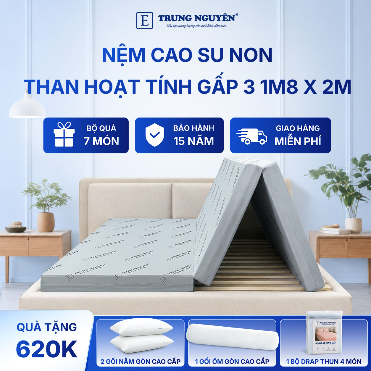 Nệm cao su non hoạt tính Trung Nguyên gấp 3 1m8 x 2m 1.1