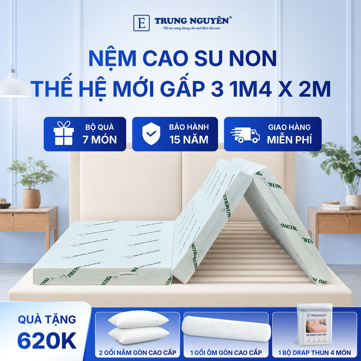 Nệm cao su non Trung Nguyên gấp 3 1m4 x 2m 1.1