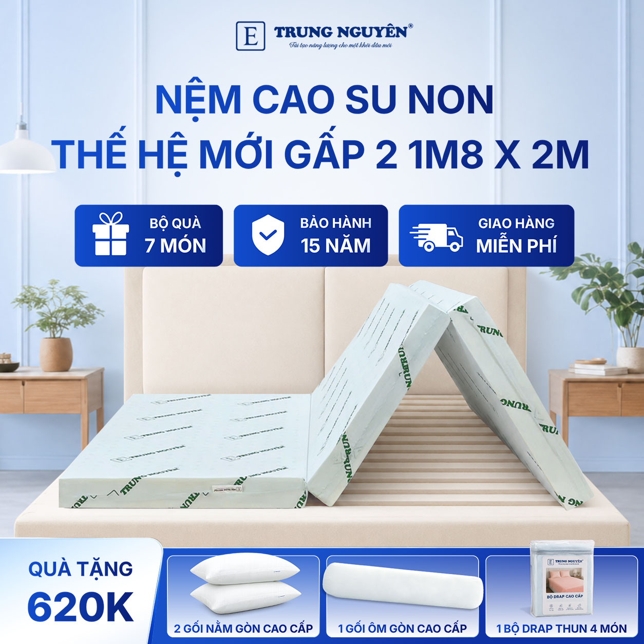 Nệm cao su non Trung Nguyên gấp 3 1m8 x 2m 1.1