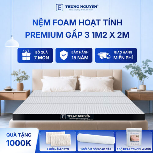 Nệm foam hoạt tính premium Trung Nguyên gấp 3 1m2 x 2m 50