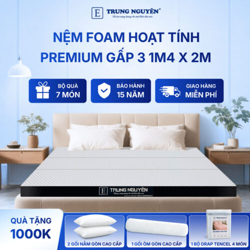 Nệm foam hoạt tính premium Trung Nguyên gấp 3 1m4 x 2m 30