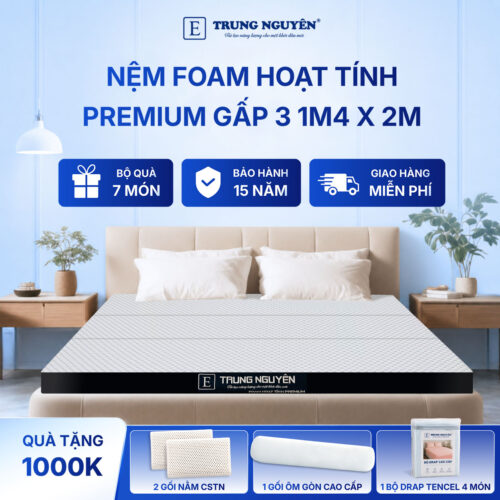 Nệm foam hoạt tính premium Trung Nguyên gấp 3 1m4 x 2m 60