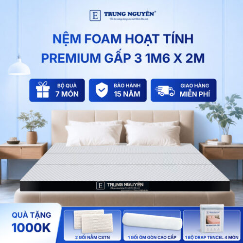 Nệm foam hoạt tính premium Trung Nguyên gấp 3 1m6 x 2m 60