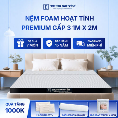 Nệm foam hoạt tính premium Trung Nguyên gấp 3 1m x 2m 50