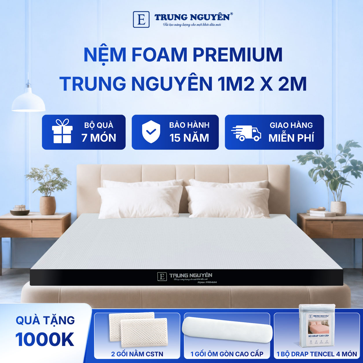 Nệm foam premium Trung Nguyên 1m2 x 2m 60