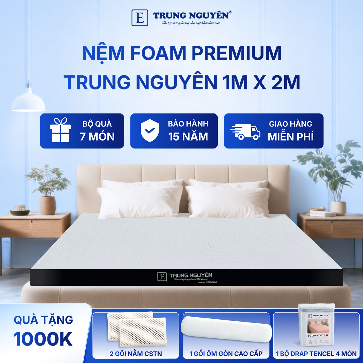 nệm foam premium Trung Nguyên 1m x 2m 60