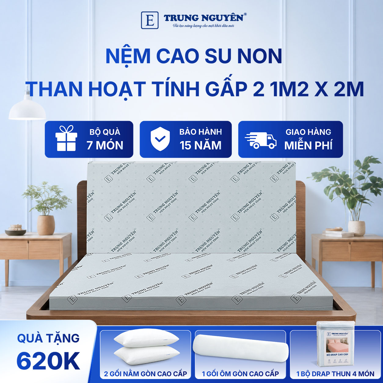 Nệm cao su non hoạt tính Trung Nguyên gấp 2 1m2 x 2m 1.1