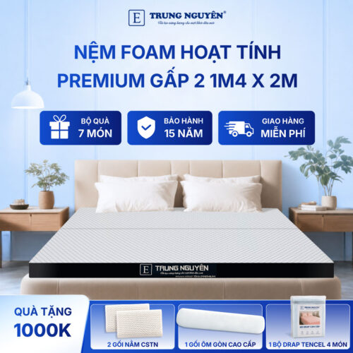Nệm foam hoạt tính premium Trung Nguyên gấp 2 1m4 x 2m 60