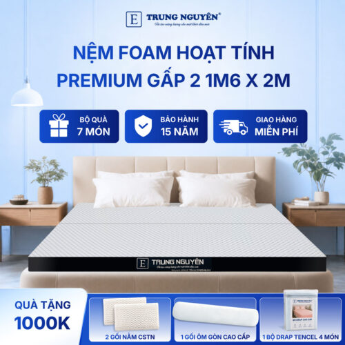 Nệm foam hoạt tính premium Trung Nguyên gấp 2 1m6 x 2m 60