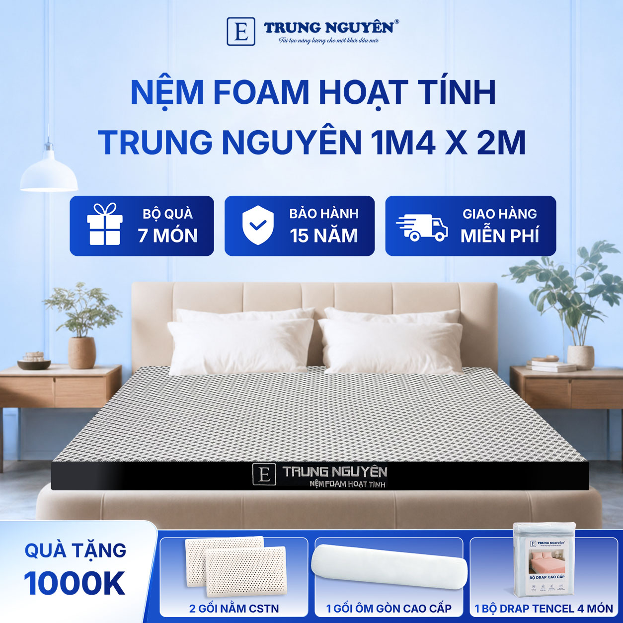 Nệm foam hoạt tính Trung Nguyên 1m4 x 2m 50