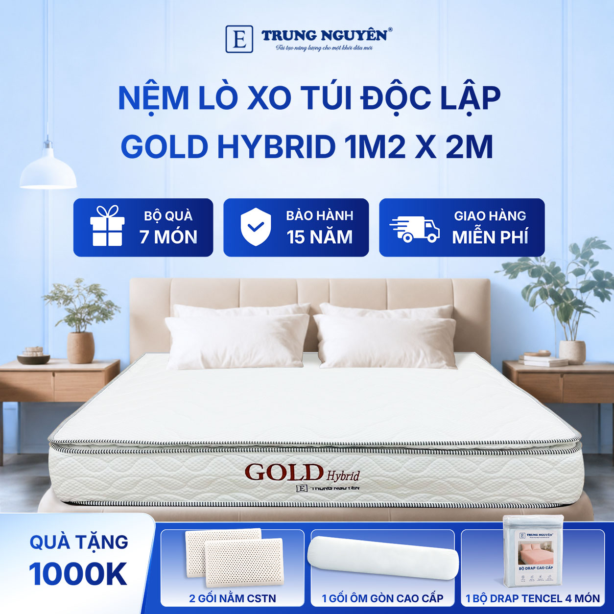Nệm lò xo túi độc lập Gold Hybrid Trung Nguyên 1m2 x 2m 60