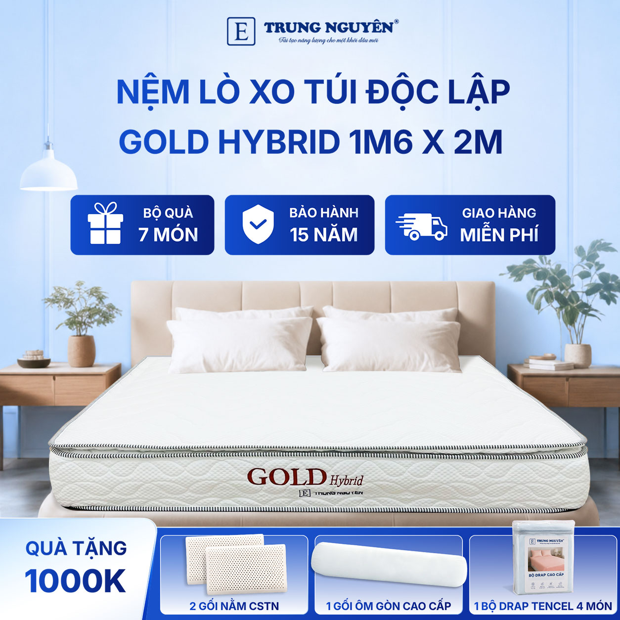 Nệm lò xo túi độc lập gold hybrid Trung Nguyên 1m6 x 2m 60