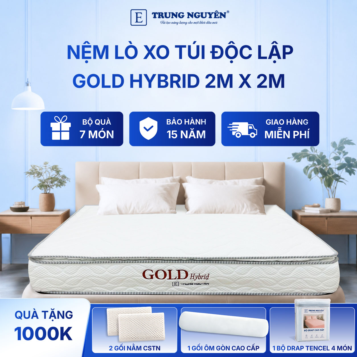 Nệm lò xo túi độc lập gold hybrid Trung Nguyên 2m x 2m 60