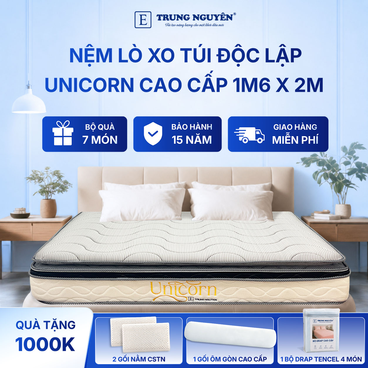 Nệm lò xo túi độc lập unicorn Trung Nguyên 1m6 x 2m 60
