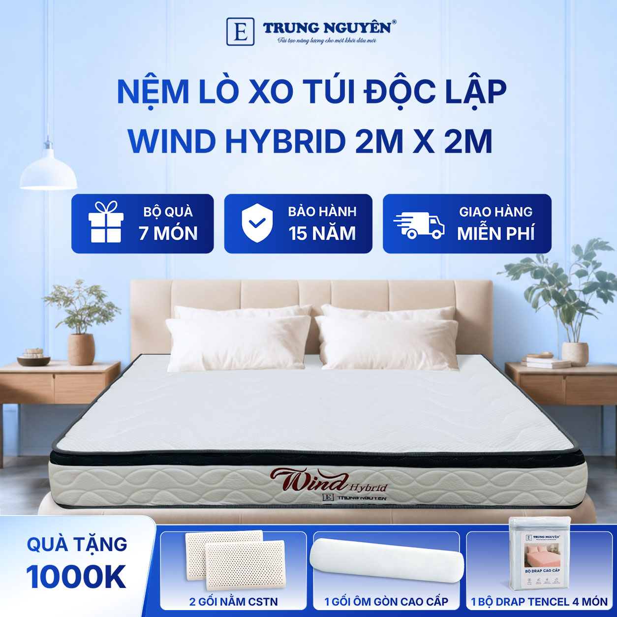 Nệm lò xo túi độc lập wind hybrid Trung Nguyên 2m x 2m 60