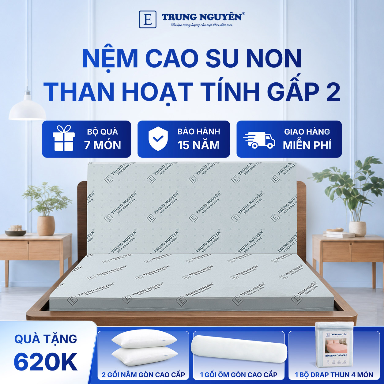 Nệm cao su non hoạt tính Trung Nguyên gấp 2 1.1