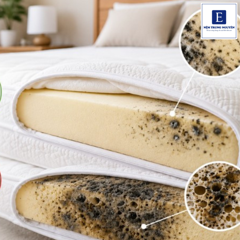Nệm foam có thể bị mốc khi thường xuyên tiếp xúc với độ ẩm hoặc được sử dụng, vệ sinh và bảo quản trong điều kiện thiếu thông thoáng